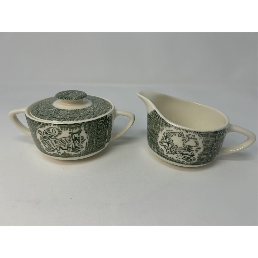 Vintage Royal China The Old Curiosity Shop Creamer And Sugar With Lid Set Green